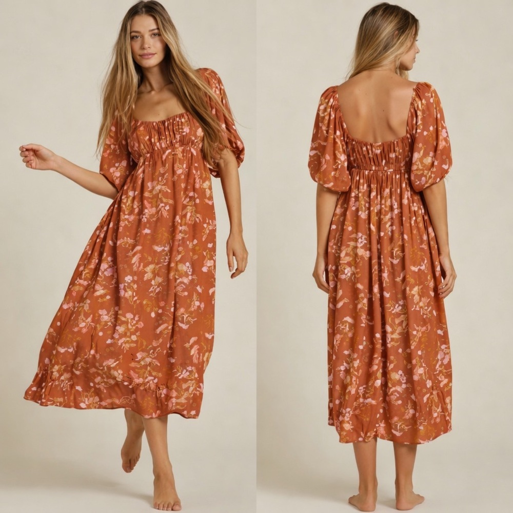 Billabong Rust Floral Midi Dress - Picture 1 of 10